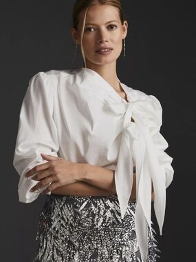 Anthropologie White Bow-Tie Puff Sleeve Blouse Size Small
